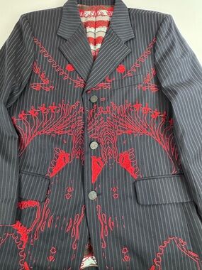 Asylum By Raw 7 NWT Bats Jacket Red Embroidered Size 44 Navy Pinstripe Wool